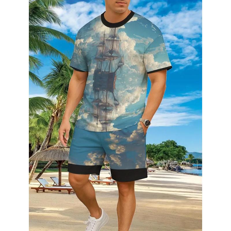 Fashion Men's Casual Suit 3D Casual Color Printing Summer T-shirt Shorts Simple
