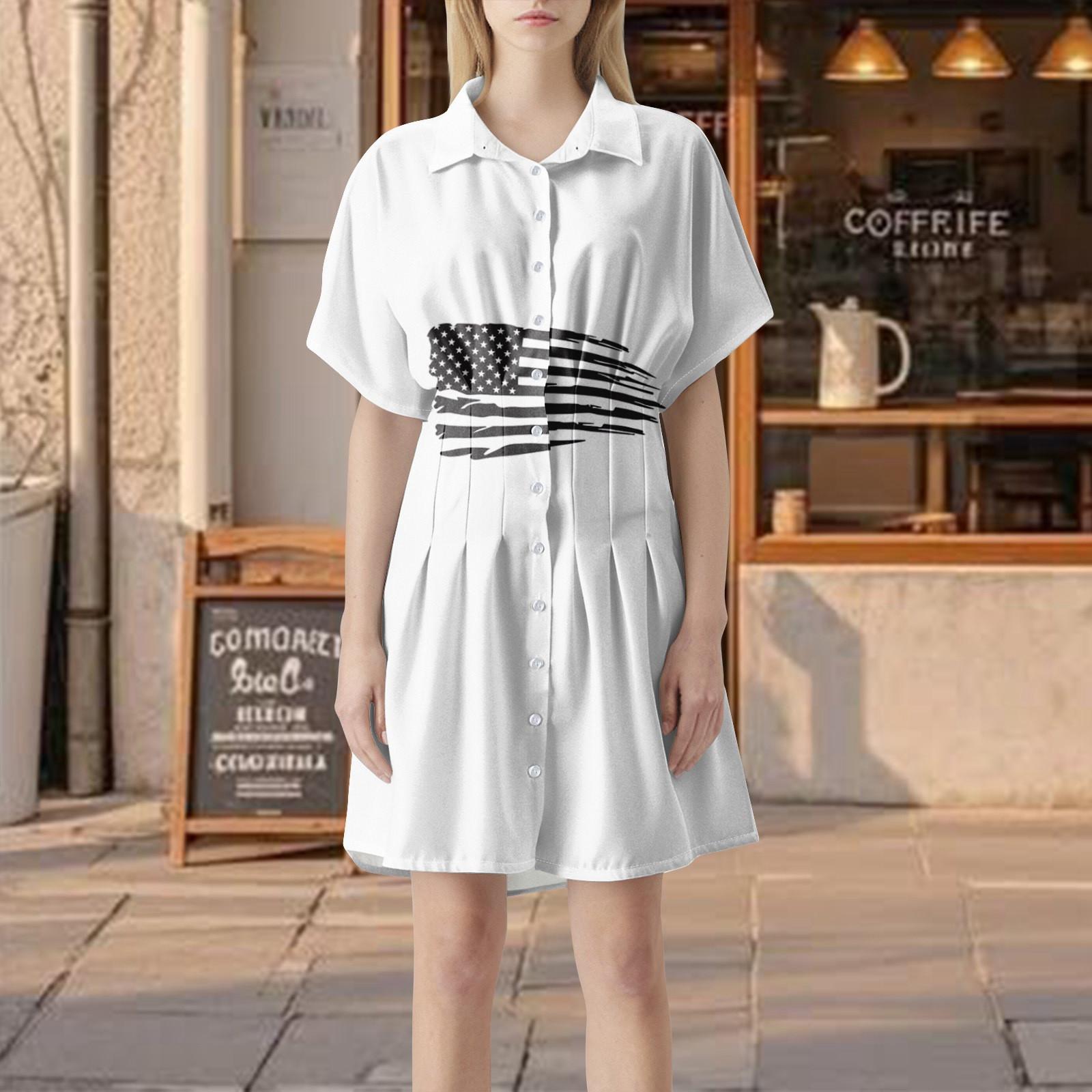 

Жіноча смугаста сукня-сорочка з плісуванням на ґудзиках, з коротким рукавом, з принтом до Дня Незалежності, літня повсякденна коротка сукня L