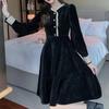 Autumn New Style Women's Round Neck Long Sleeves Slim Midi Skirt Lace French Corduroy Dress for Women