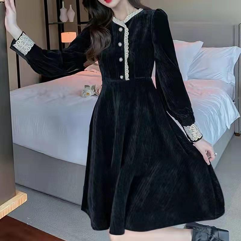 Autumn New Style Women's Round Neck Long Sleeves Slim Midi Skirt Lace French Corduroy Dress for Women