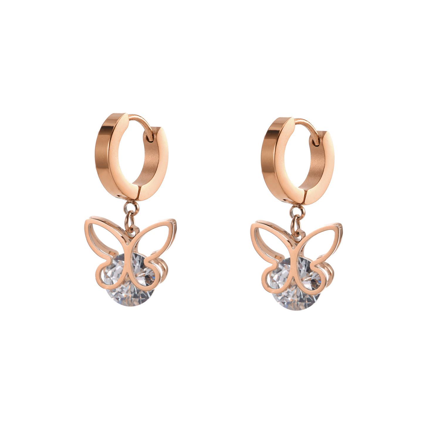 Innovative Style: Korean Fashion Titanium Steel Earrings - Double Butterfly Zircon Clip-On for Women розового золота