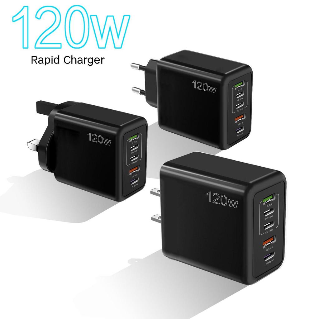 120W Fast Charger with 3PD+2USB Ports for Apple Devices, Compatible with EU/US/UK Standards