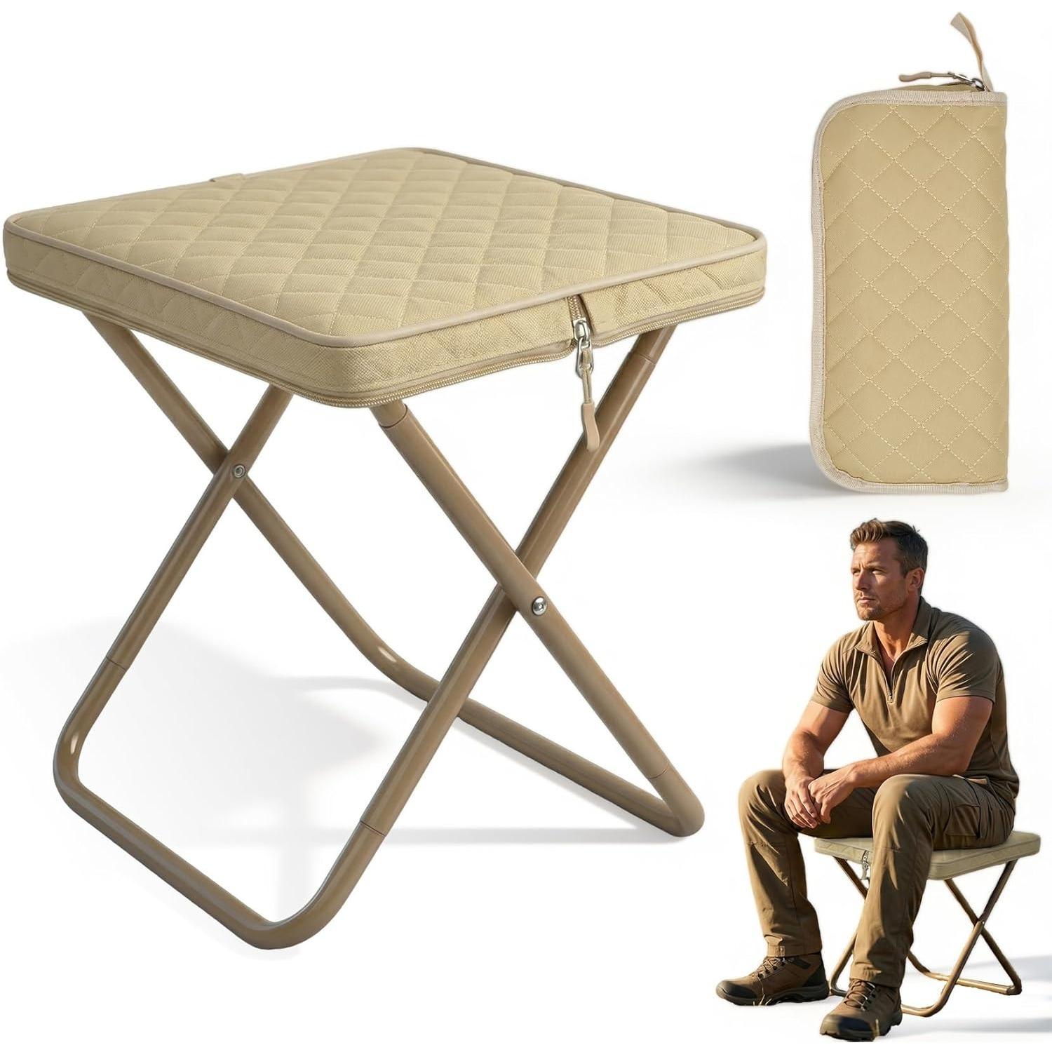 Foldable Backpack Stool, Heavy Duty Portable Folding Stool for Adults - Compact Collapsible Camping Seat Supports 286 LBS for Outdoor Hiking бежевый