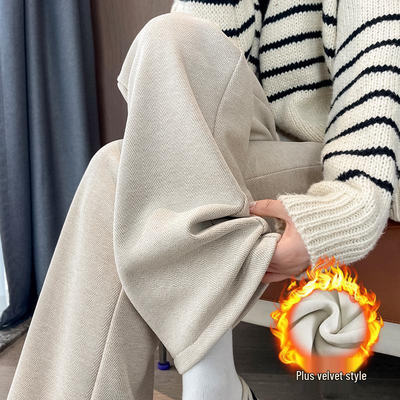 Women s Winter Herringbone Wide-Leg Pants: High-Waisted, Slimming, Plus Size, Velvet-Lined, Thick Woolen Drape Pants One Size [80-140 lbs]