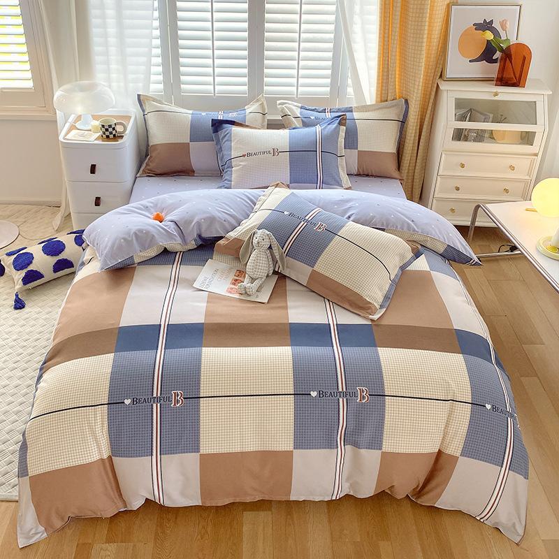 Small Fresh Pure Cotton Brushed Four-piece Set Thickened Washed Cotton Sheets and Quilt Covers Dormitory Three-piece Bedding Set