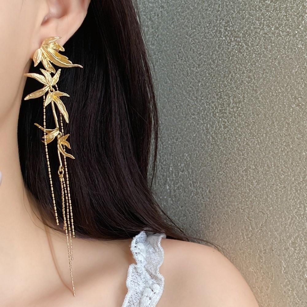 Chinese Ancient Style Bamboo Leaf Earrings Zinc Zinc Alloy Ear Jewelry Long Tassel Dangle Earrings  Party