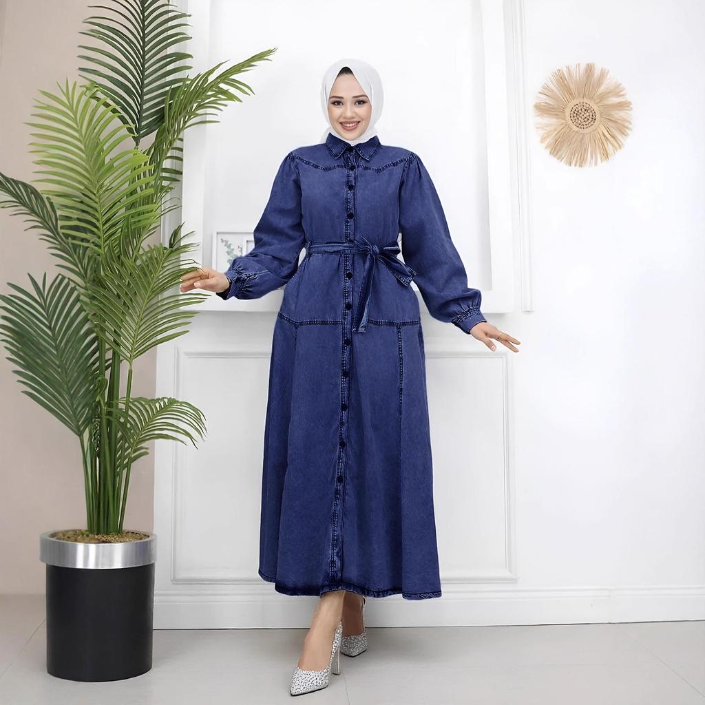 Turkish Women's Denim Dress: Casual Loose Fit Lantern Sleeve Patchwork