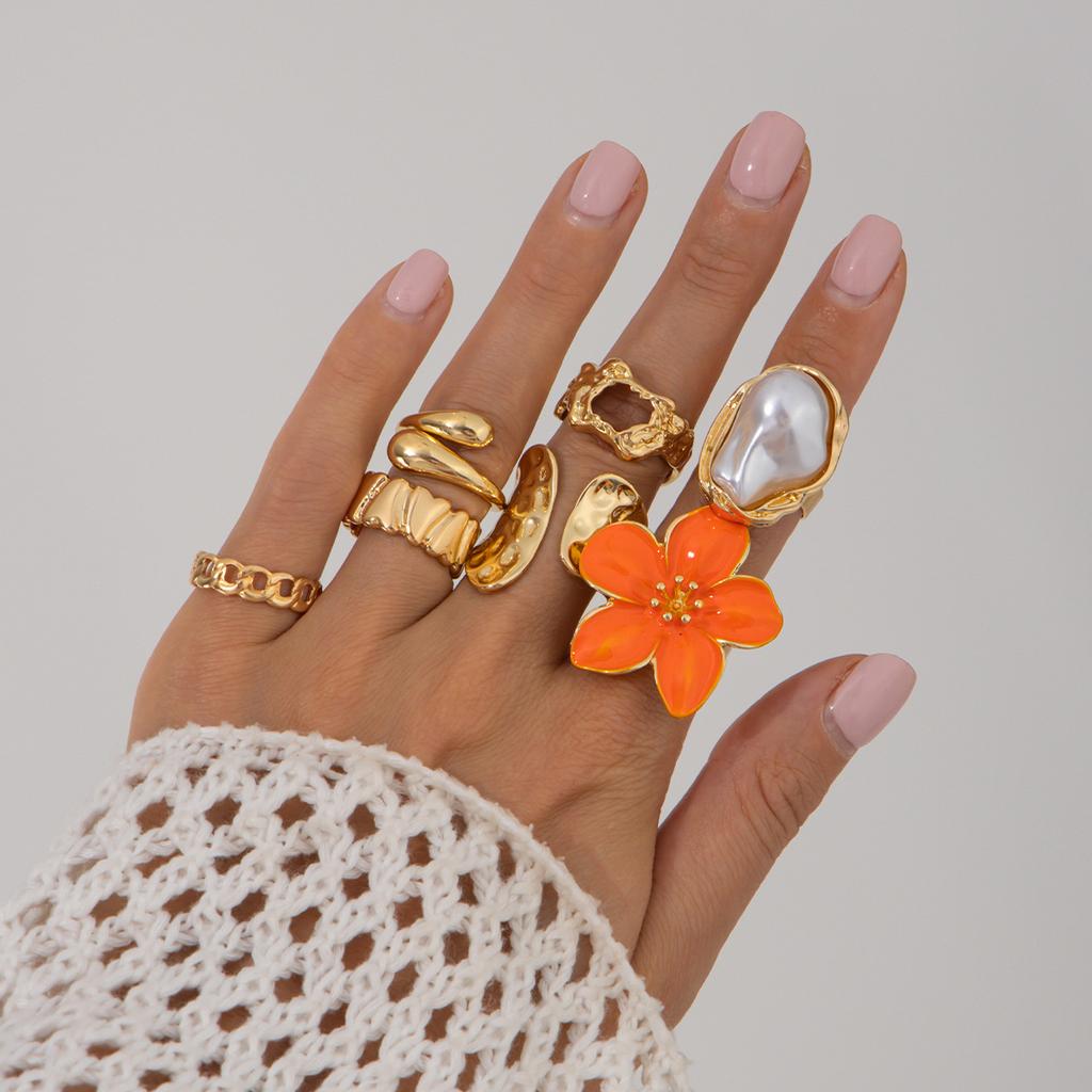 Baroque Imitation Pearl Set Gemstone Ring, Design Liquid Lava Flower Opening Ring