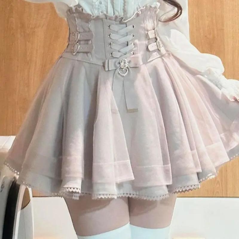Japanese Sweet Lolita Style Mini Skirt Women Elegant Lace Bandage Party Cake Skirts Female Gothic Y2k Metal Buckle Skirt