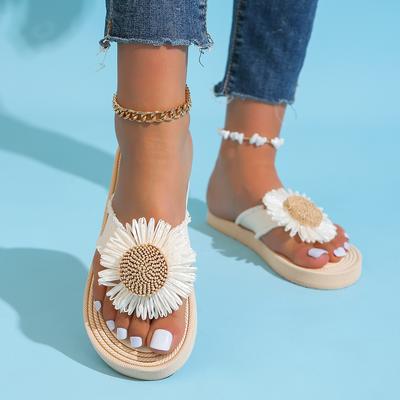 Women's Fashion Trend Non-slip Wear Comfort Linen Sunflower Flat Soft Sole Flip-flops