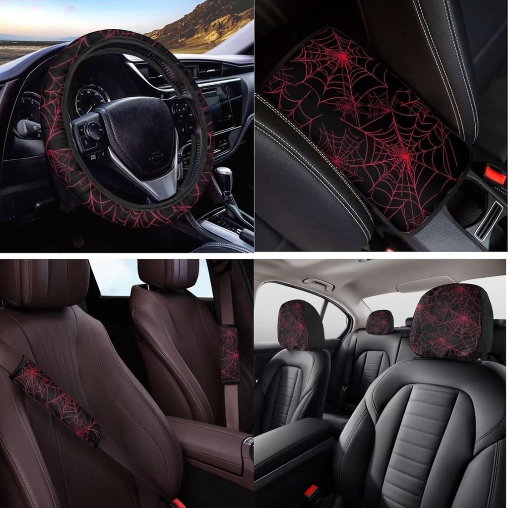 Red Spider Web Car Seat Covers with Steering Wheel Cover,Armrest Cushion,Seat Belt Covers Cup Holder with Keychain,Automotive Protector Set Unverisal