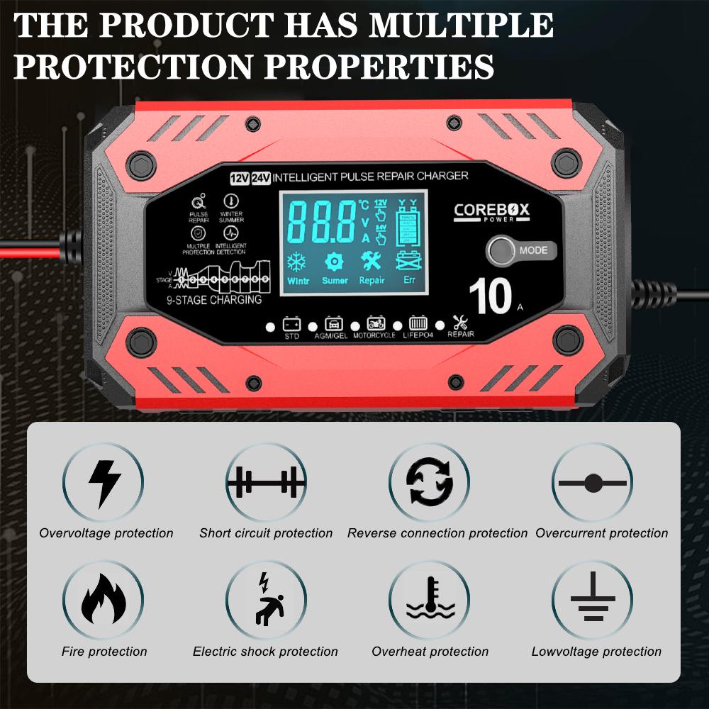 Car and Motorcycle Battery Charging Devices Automotive Battery Charger AGM Intelligent Maintenance of Lead Acid Battery 12V 10A