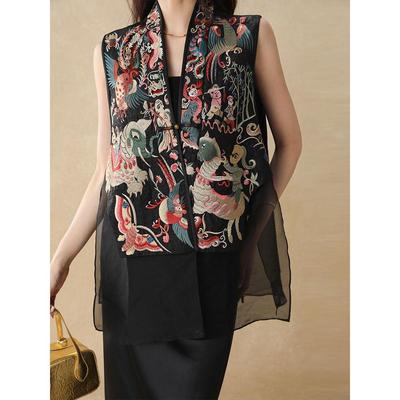 Retro Chinese Style Sleeveless Tang Suit Coat Unique Embroidery Patchwork Vest Top Elegant Fashionable Versatile Waistcoat