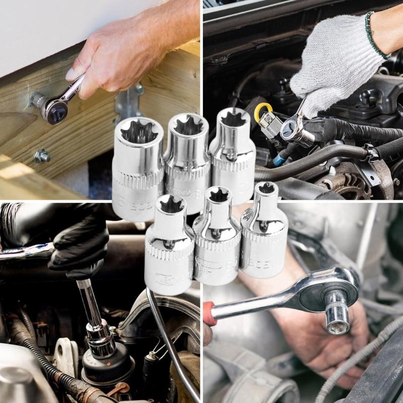 6Pcs Multipurpose Hex Socket 1/4Inch Socket Set With Ratchets Compatibility Professional Heavy Duty Steel Construction