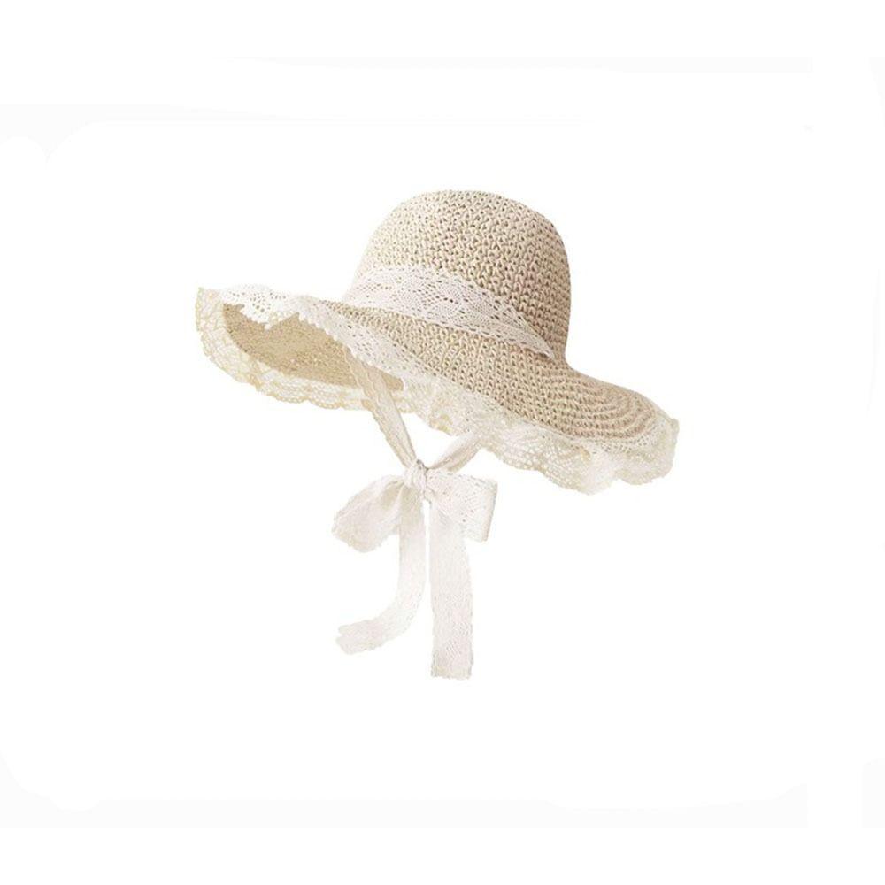 Breathable Women Straw Hat Large Brim UV Protection Cap Fashion Lace Tied Sun Hat  Summer