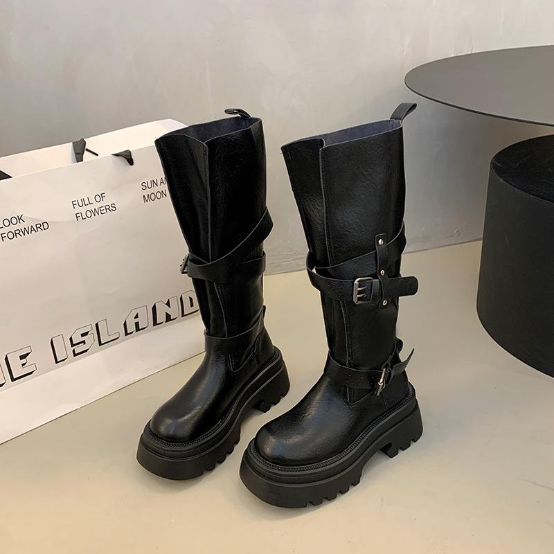 Maillard Small Belt Buckle Boots Women's 2025 Autumn and Winter New Thin Western Boots Straight Long Knight Boots