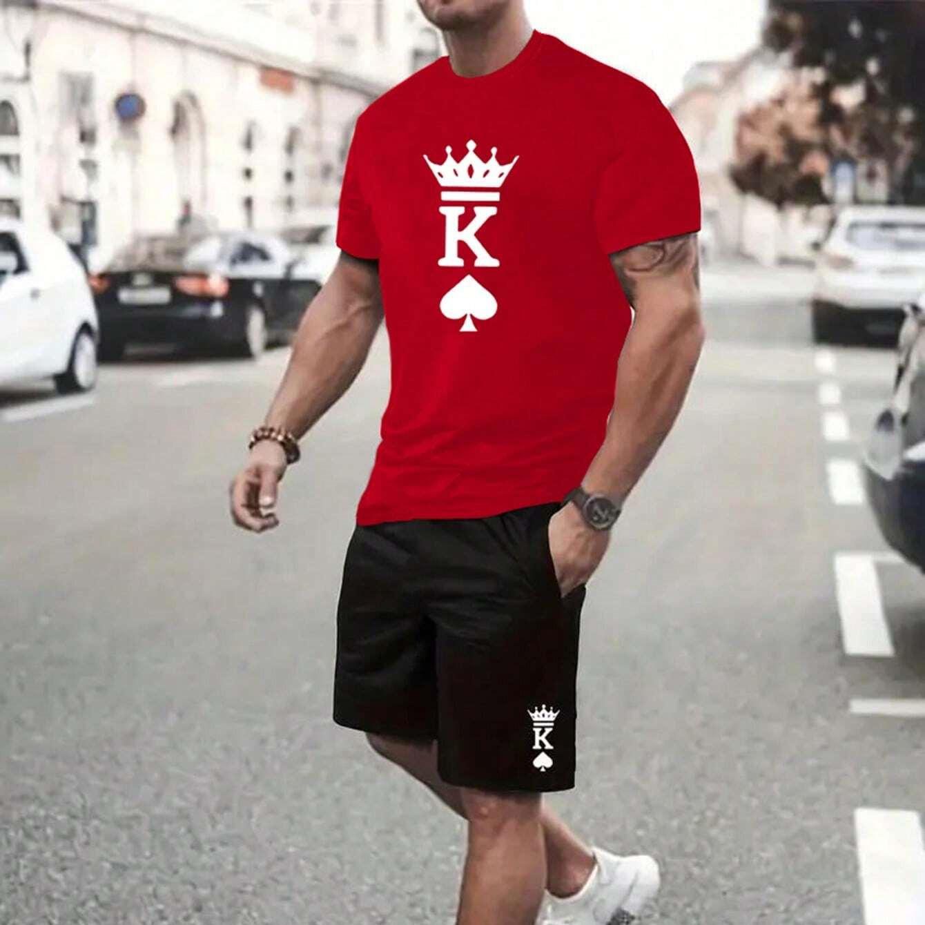 

Комплект из 2 мужских повседневных спортивных футболок с короткими рукавами и шорт на шнурке — дышащие, быстросохнущие, средней растяжки, с карманами, 6XL