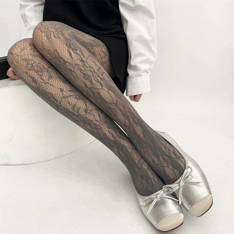 Women Sunflower Jacquard Pattern Fishnet Tights Stockings Sexy Hollowed Sheer Mesh Lace Solid Colored Pantyhose Leggings