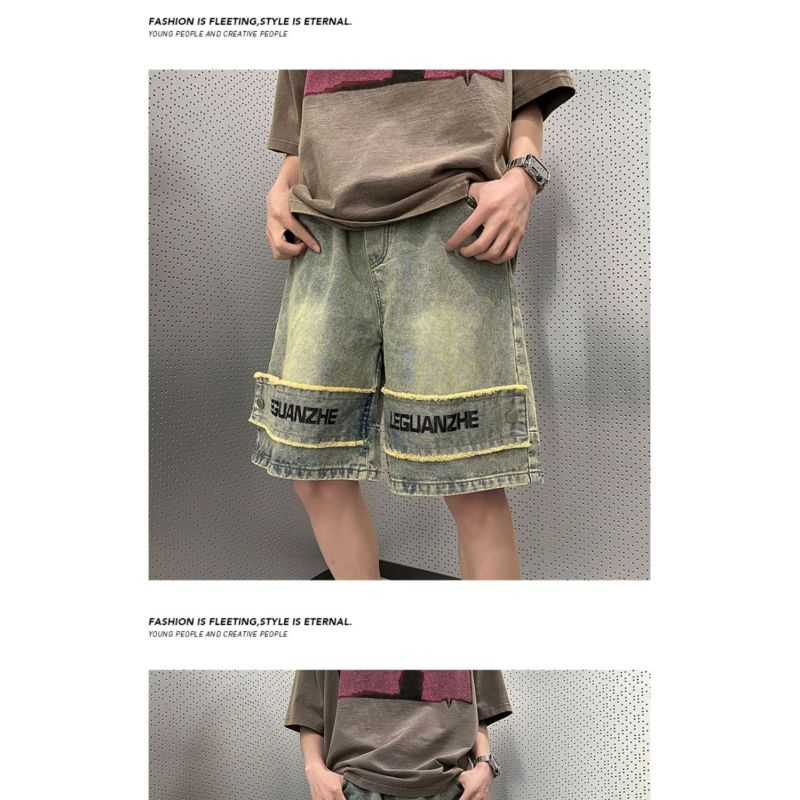 Americké retro džínové kraťasy pánské letní výklenkové kalhoty žluté bláto kalhoty high street vibe ležérní pětibodové kalhoty