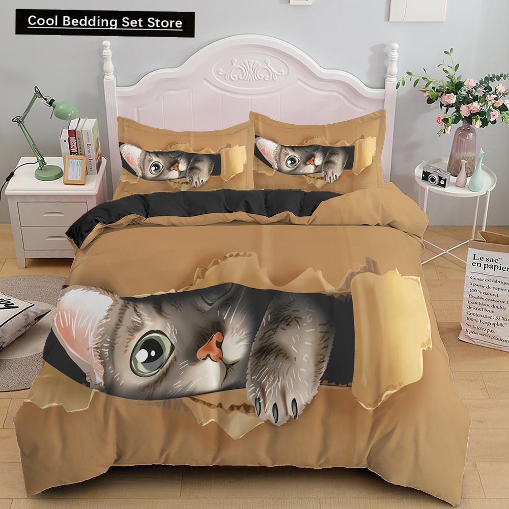 3D Cat King Queen Duvet Cover Cute Cartoon Kitty Bedding Set for Kids Teens Adults Pet Animal White 2/3pcs Polyester Quilt Cover