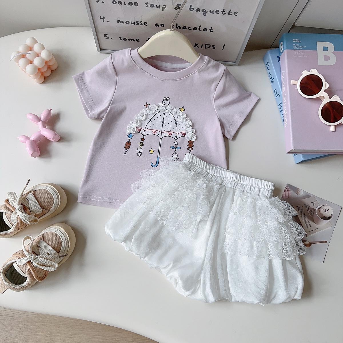 Summer Korean Style Girls Cartoon T-Shirt & Lace Trim Shorts Set Size 90