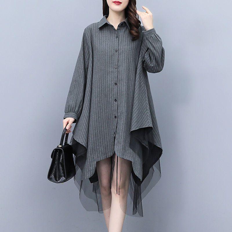 Women's Polo-Neck Button Spliced Gauze Irregular Blouse Elegant Loose Commuter Long Sleeve Shirt Tops