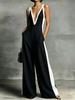2026 Summer Women's V-neck Sleeveless Color Block Strappy Wide-leg Jumpsuit