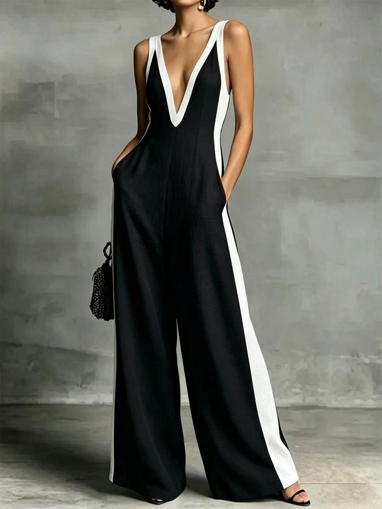 2026 Summer Women's V-neck Sleeveless Color Block Strappy Wide-leg Jumpsuit