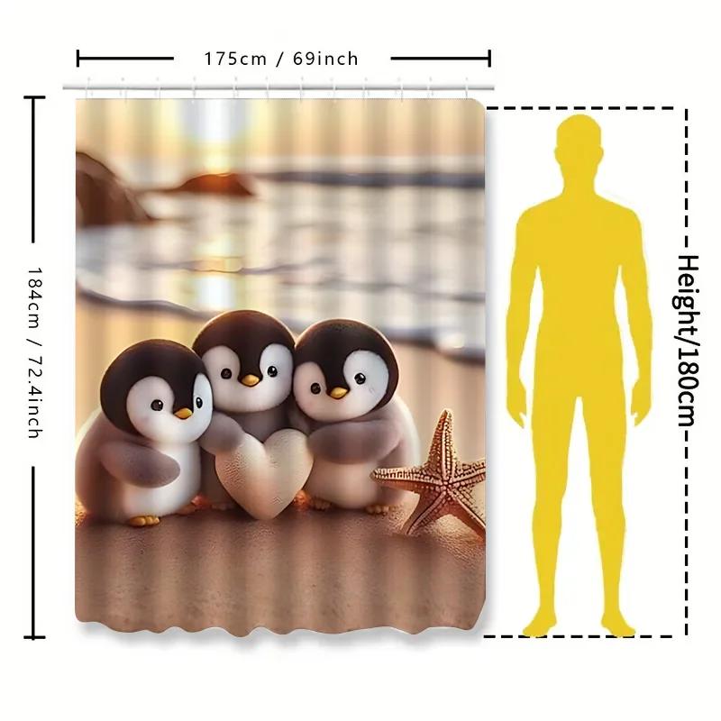Cute Penguins with Heart and Starfish Waterproof Shower Curtain for Bathroom Decor  Extra Hooks Included Anti-Mildew Ocean Theme