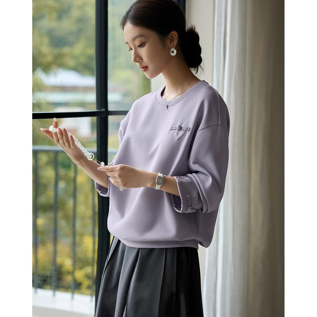 New Chinese Style Jacquard Satin Sweatshirt for Women In Autumn New Round Neck Loose Design Top