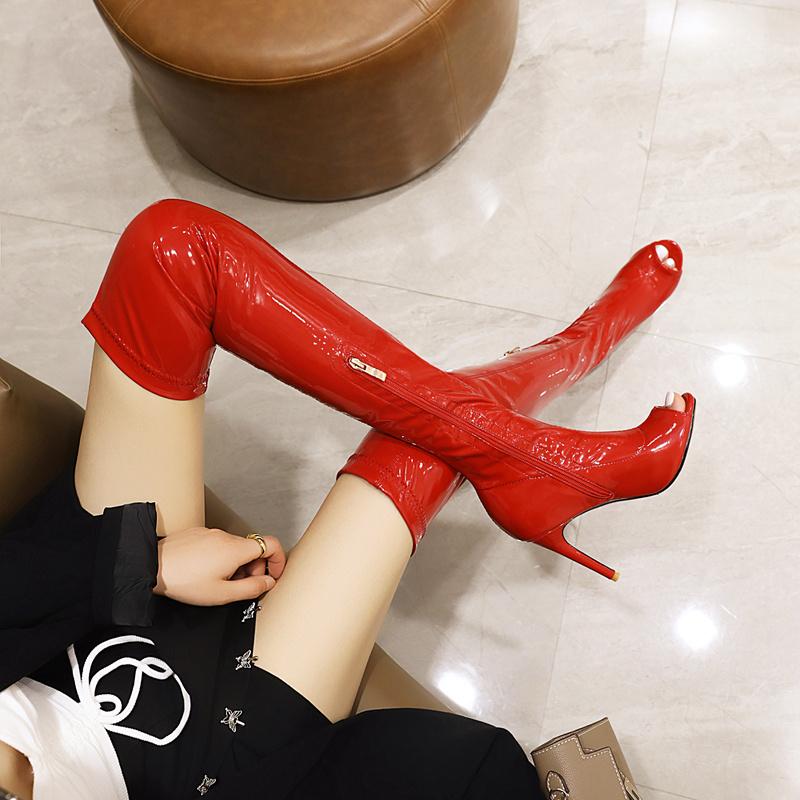 Bílé kozačky nad koleno Dámské Sexy Elastické Boty na Vysokém Podpatku Dámské Kozačky po Stehno Peep Toe Kožené Dlouhé Striptérské Boty Dámské