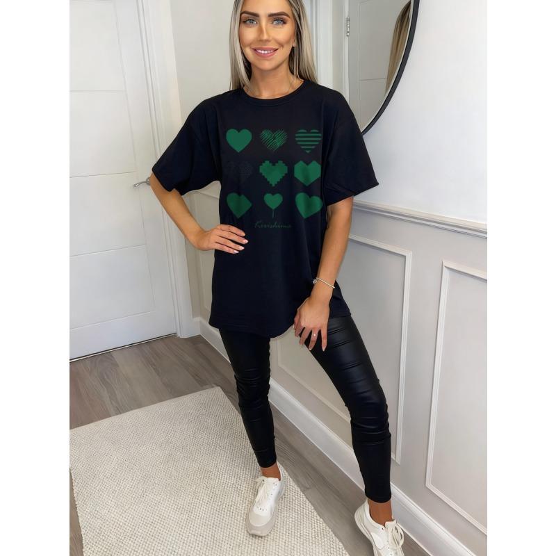Oversized T Shirt Black Green Hearts Pattern And Katsukina Text Casual Wear For Women