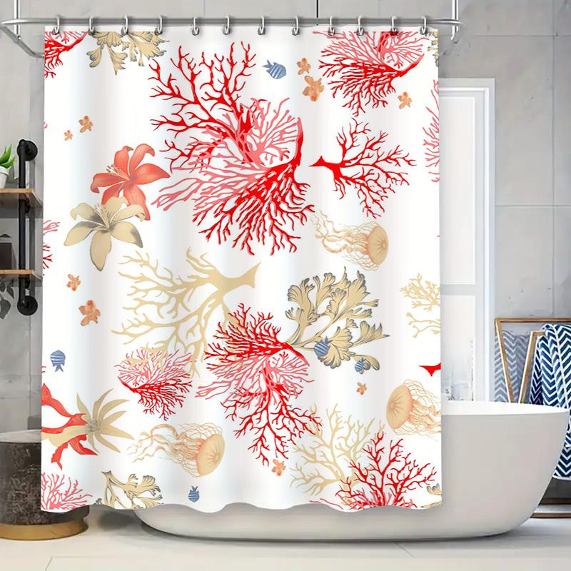 

Vintage Coral Reef Floral Printed Shower Curtain For Bathroom Decoration White With Red Flowers Decorative Bath Curtains By Taur W60H190(CM)-1 Pcs