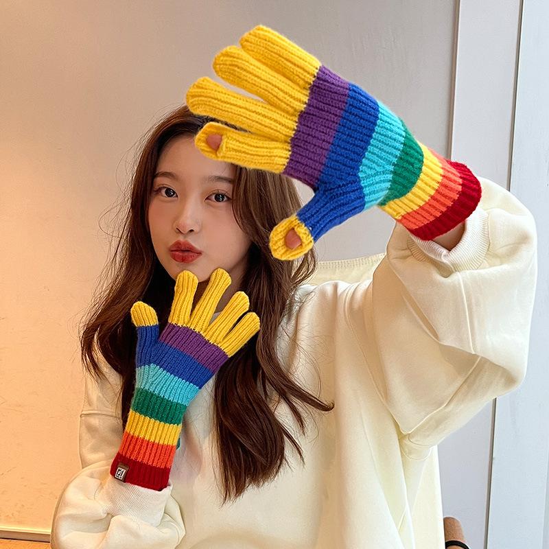 

Корейские новые радужные перчатки для женщин на зиму, теплые шерстяные перчатки без пальцев, американская уличная мода, универсальный велосипедный тренд One Size