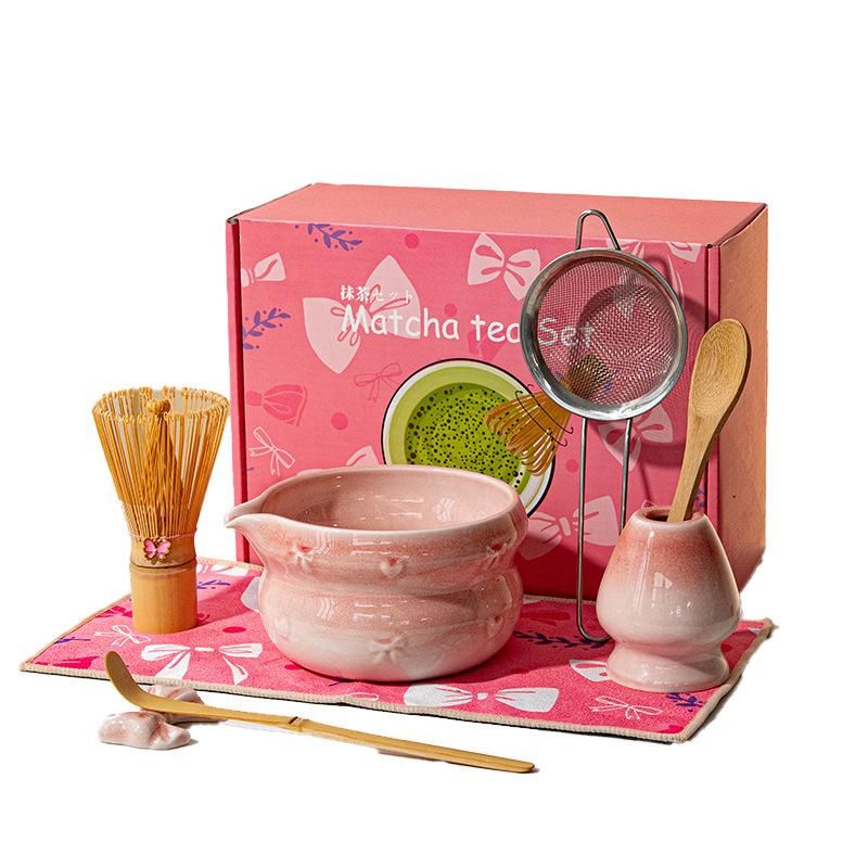 8pcs Authentic Japanese Tea Ceremony Set - Pink Ceramic Matcha Bowl with Whisk Stand
