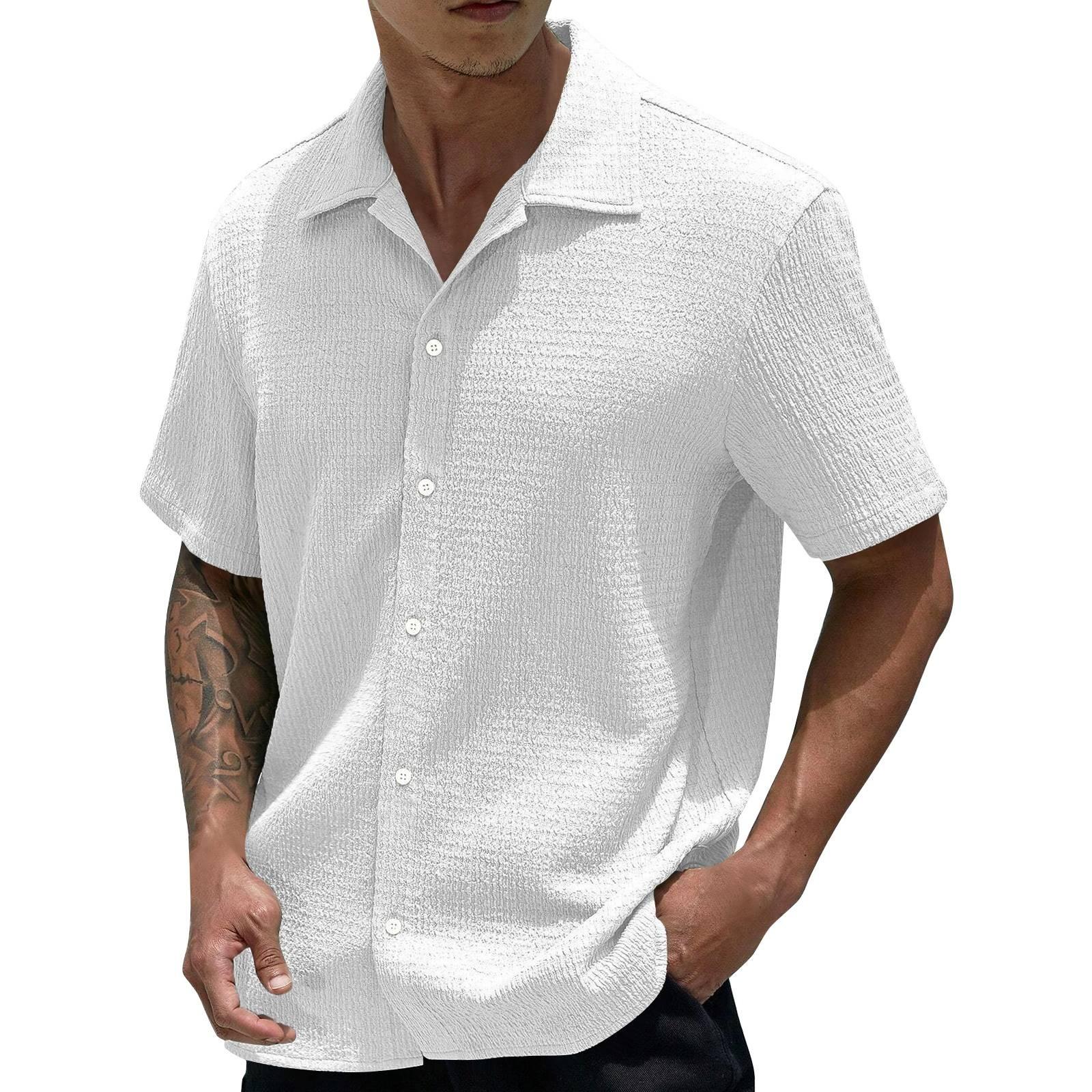 

Мужская летняя однотонная рубашка с лацканами и короткими рукавами, мужская повседневная модная рубашка с короткими рукавами S белый