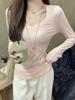 Autumn Korean Grey V-Neck Slim-Fit Cotton Long-Sleeve Women's T-Shirt