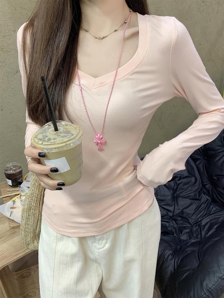Autumn Korean Grey V-Neck Slim-Fit Cotton Long-Sleeve Women's T-Shirt