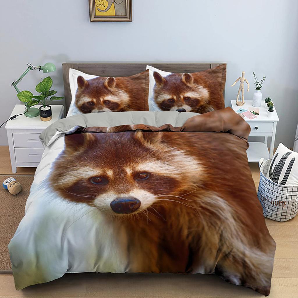 Єнот Підковдра Розмір Кінг Квін Мила Тваринна Тематика Комплект Постільної Білизни Візерунок Дикої Природи Чохол для Ковдри 2/3шт Поліестер Чохол для Ковдри
