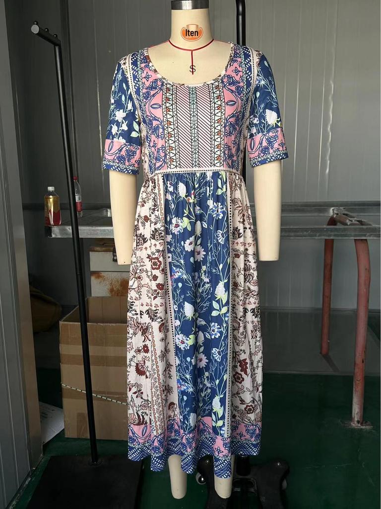 2024 Summer Bohemian Print Women's Maxi Dress with Round Neck and Short Sleeves