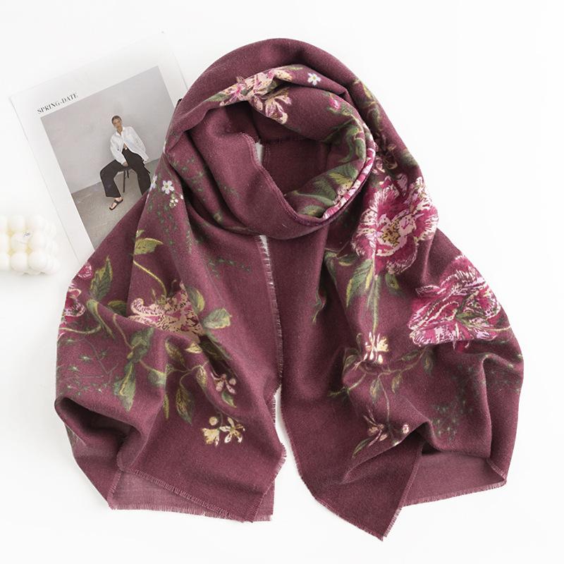 

Autumn and winter rose flower short fringe print women s shawl shawl scarf imitation cashmere scarf 190*65