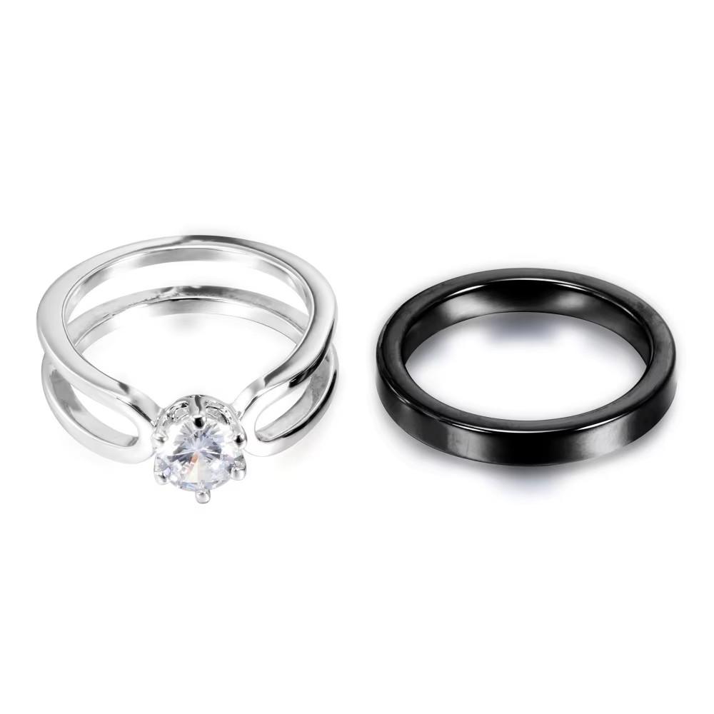 2Pcs Detachable Stackable Couple Rings 316L Stainless Steel Ceramic Inlay Artificial Zircon Womens Wedding Daily Jewelry