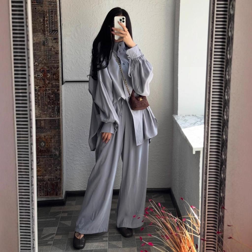 2025 Herbst Damen Übergröße Hemd mit Puffärmeln & Weite Hosen Zweiteiliges Set