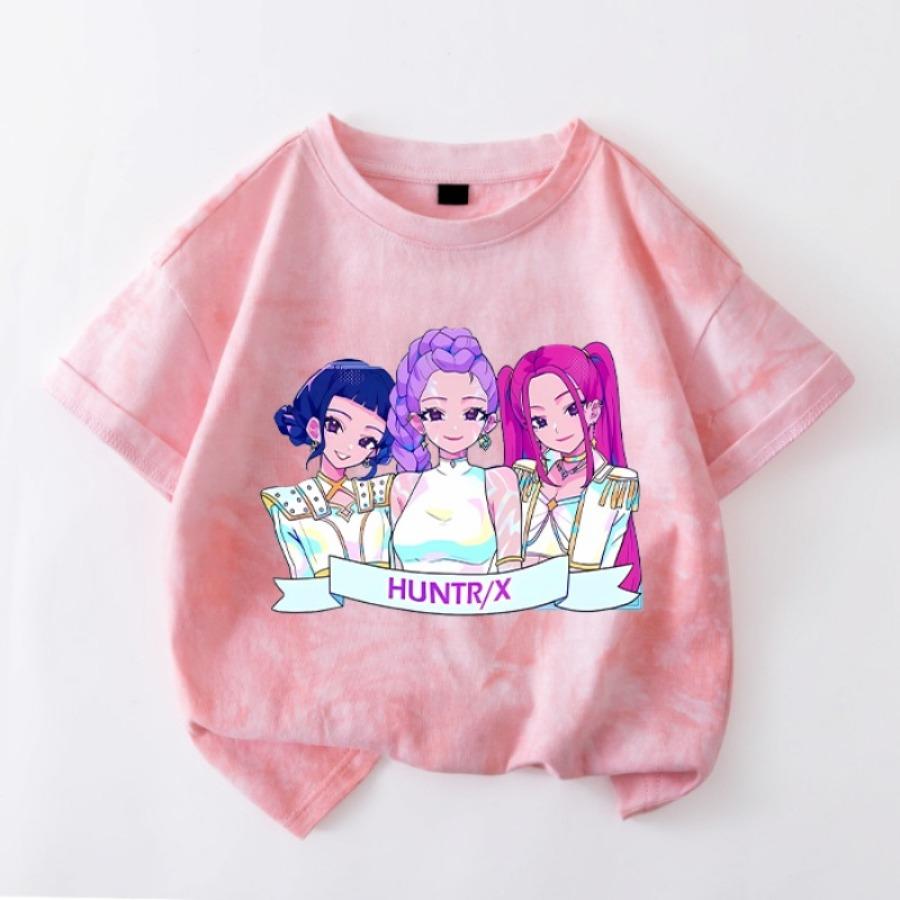 Kawaii KPop Demon Hunters Tie-dye T-shirt Girls Short Sleeve Tops Rumi Mira Zoey Printed Tee Shirts Summer Children's Clothing