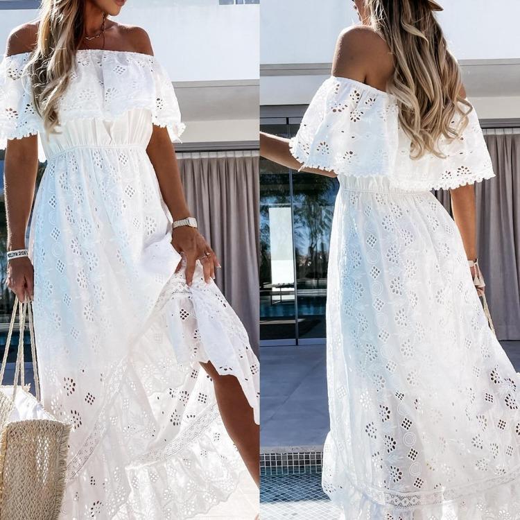 Hvit Bohemsk Blonder Lang Kjole Kvinner Sexy Strandskjørt Casual Vestidos