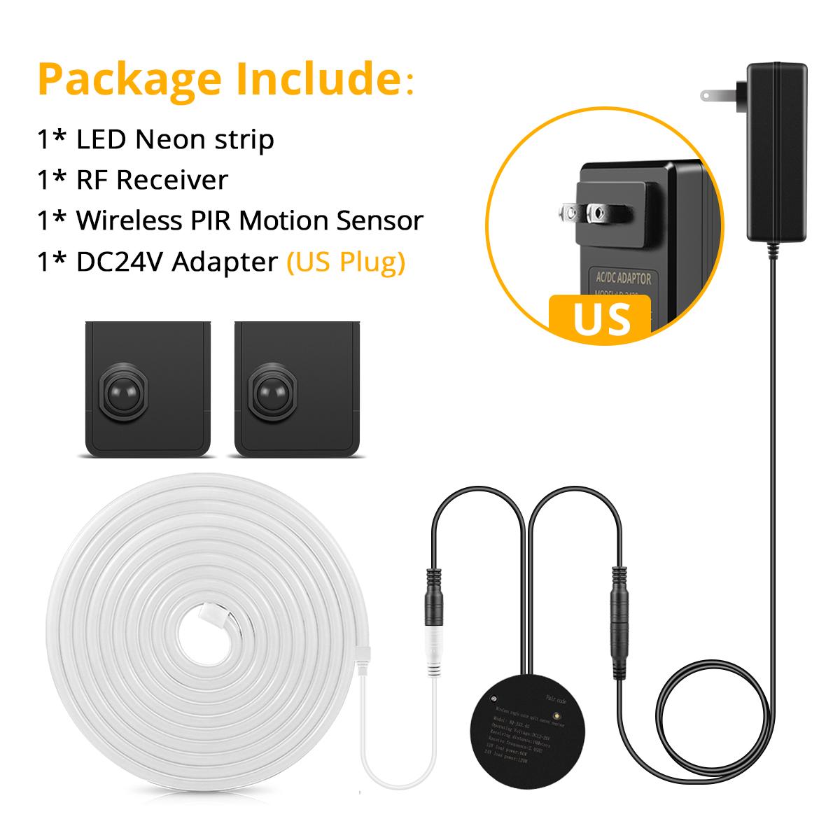 

Two PIR Switch Motion Sensor LED Neon Light 24V LED Strip Light With Wireless RF Reciever For Home Emergency Night Light Warm White&2m