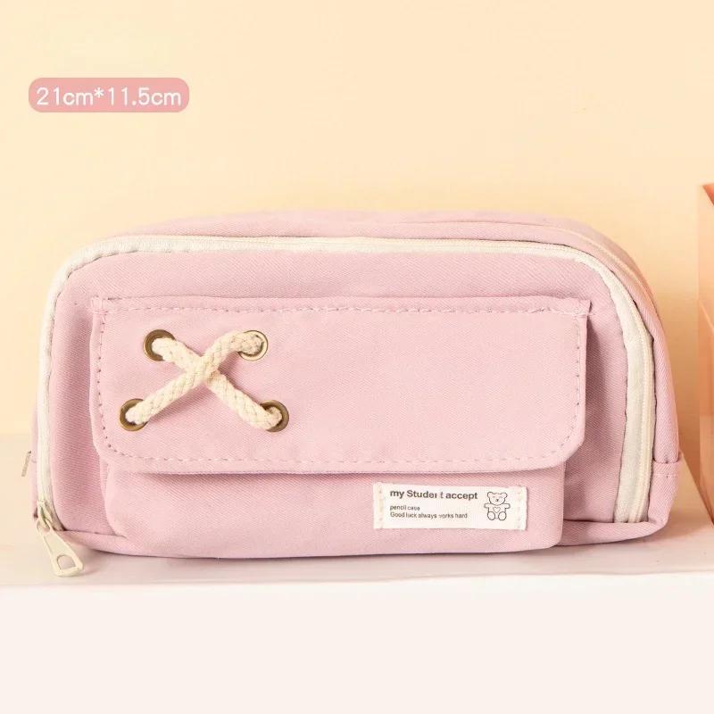 

Мешок для ручек из хлопковой веревки, многослойный, с большим отверстием, с намоткой, простой, многофункциональный, маленький, корейский вариант, пенал для карандашей розовый