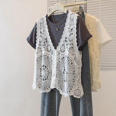 Elegant Plus Size Women's Floral Crochet T-Shirt and Vest Set - Korean Design