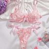 European & American Floral Embroidery Lingerie Set: Mesh Push-Up Bra & See-Through Panties