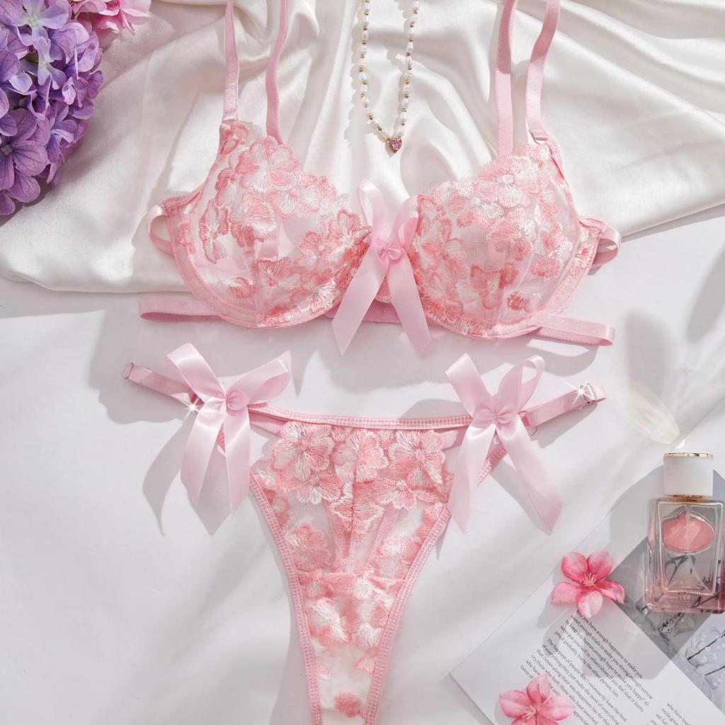 European & American Floral Embroidery Lingerie Set: Mesh Push-Up Bra & See-Through Panties